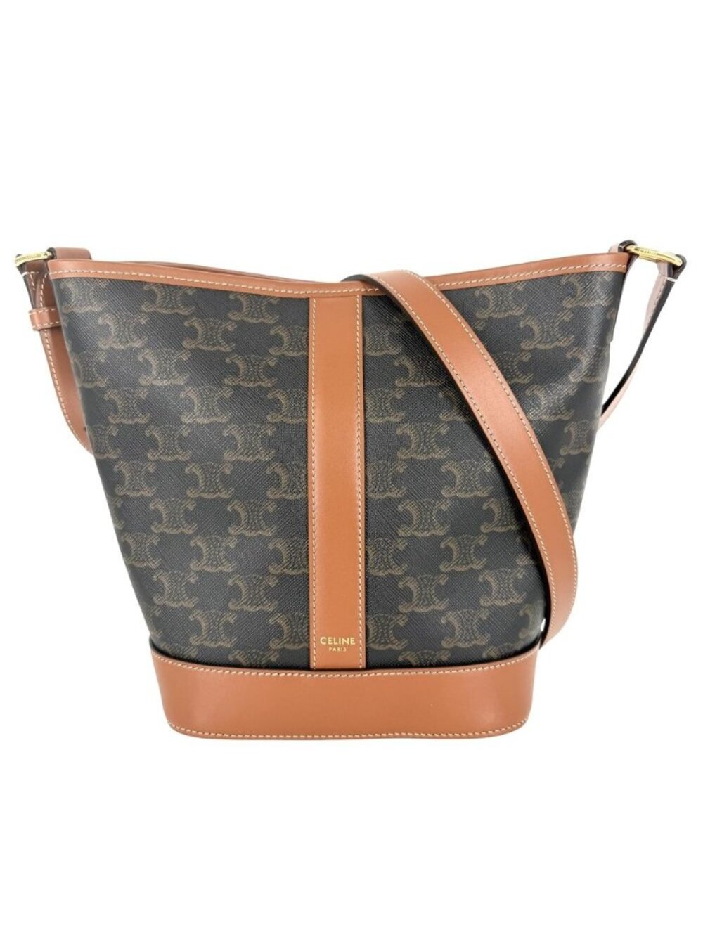 Celine Shoulder Bag Small Baguette Triomphe Brown Canvas Calfskin Tan Gold